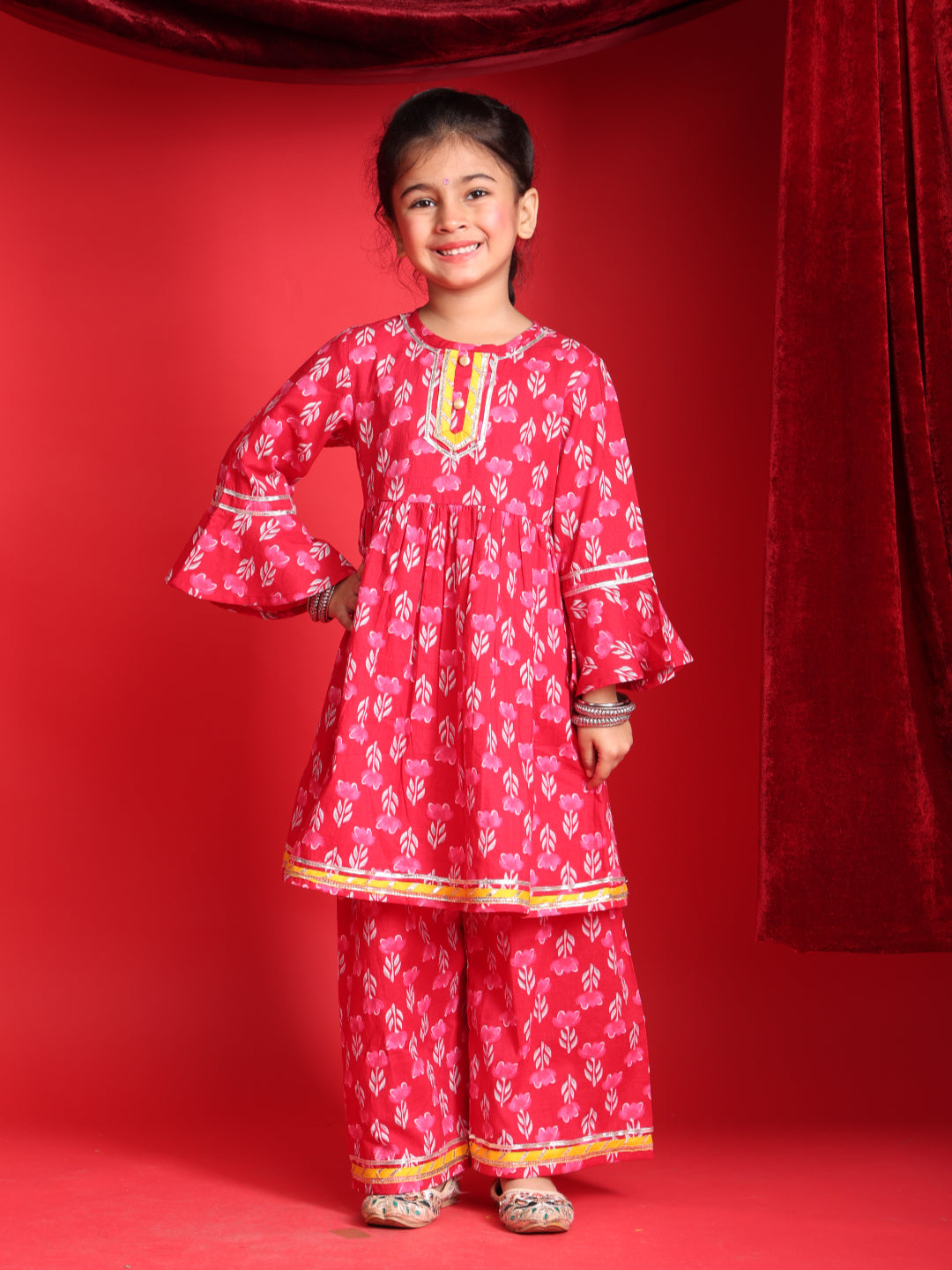 Pink Floral Printed Kurta & Salwar Set for Girls