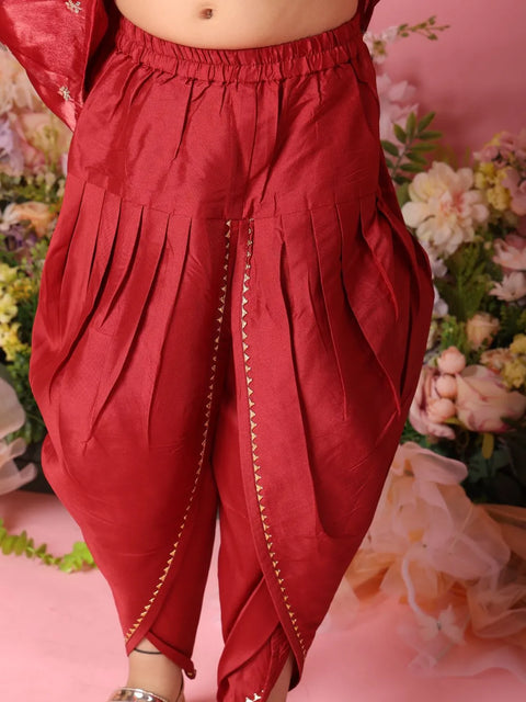 Red traditional outfit with floral background
