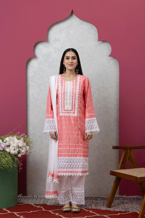 SAKA DESIGNS Peach Mandira Neck Poly Chanderi Kurta Set 