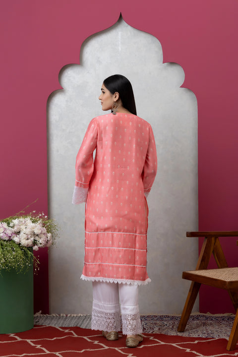 SAKA DESIGNS Peach Mandira Neck Poly Chanderi Kurta Set 