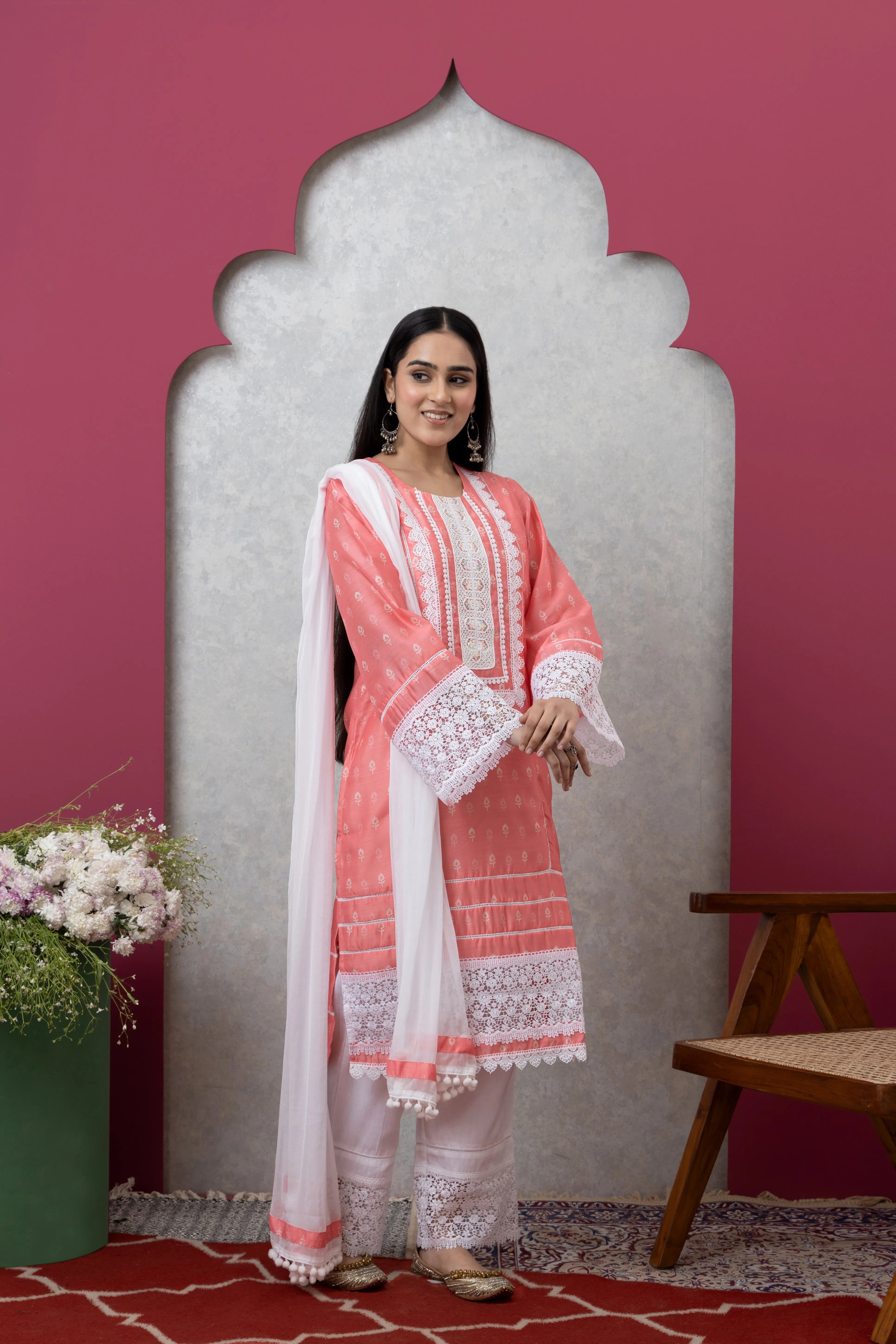 SAKA DESIGNS Peach Mandira Neck Poly Chanderi Kurta Set 