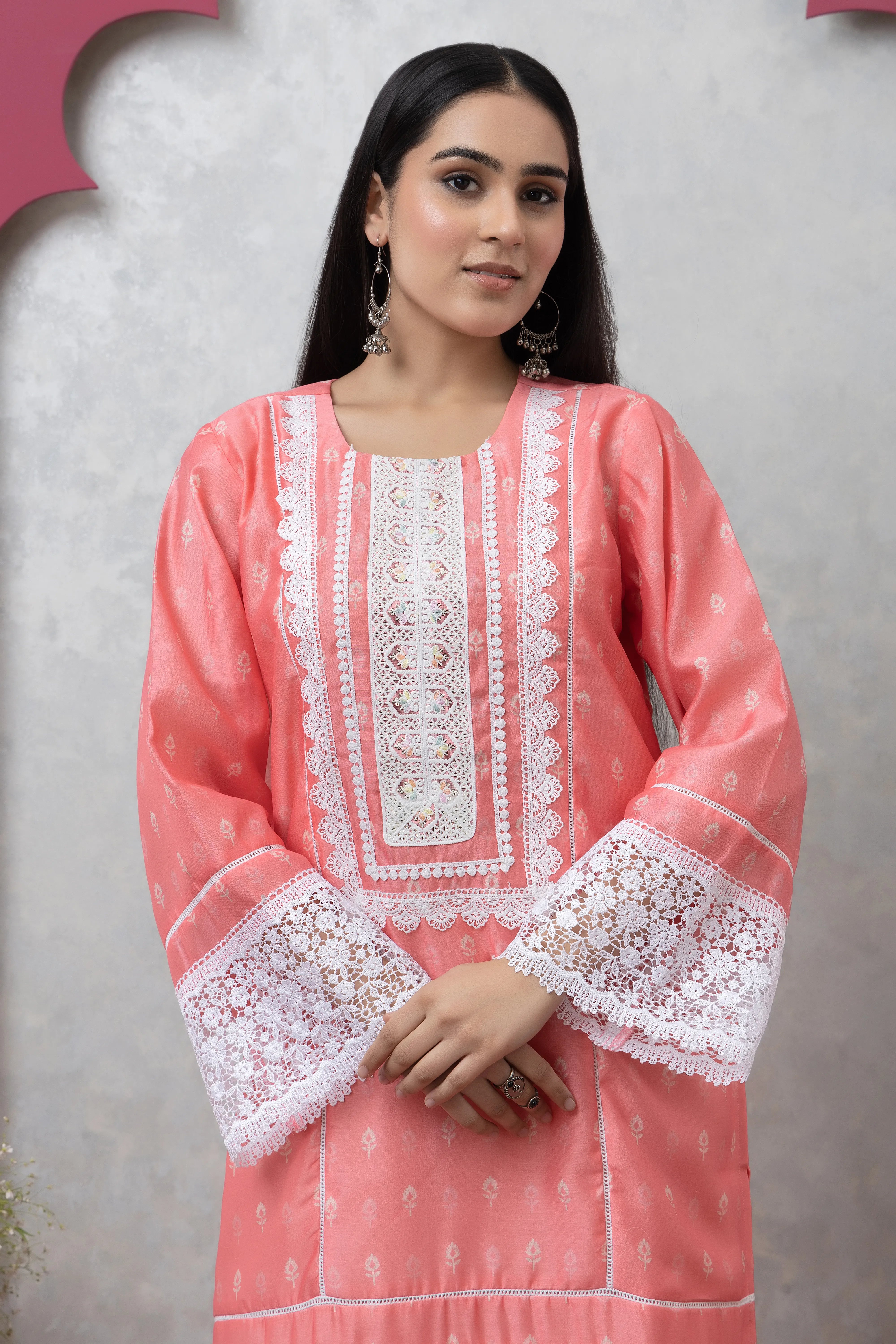 SAKA DESIGNS Peach Mandira Neck Poly Chanderi Kurta Set 