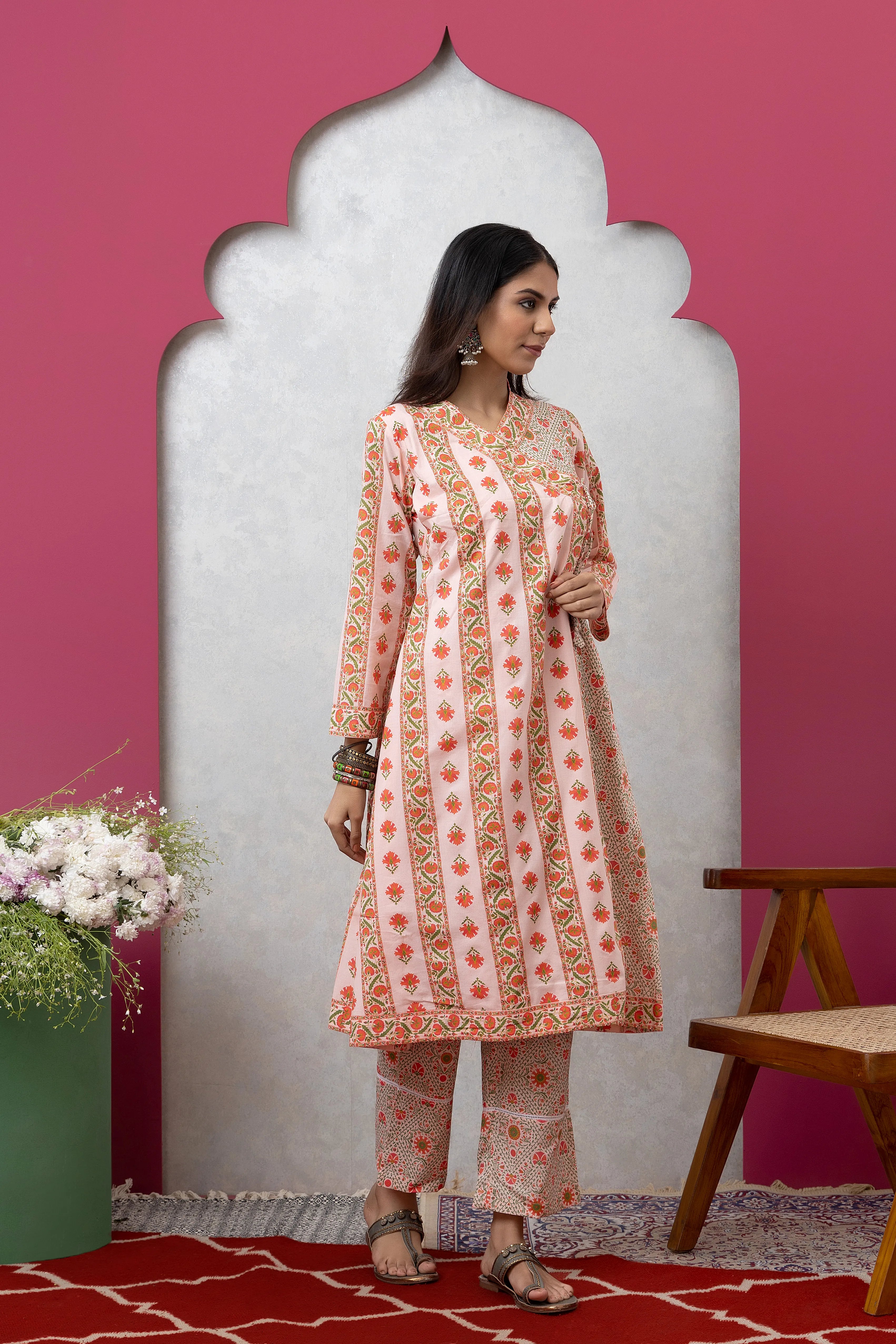 SAKA DESIGNS Peach Printed Cotton Angrakha Kurta Set with Trousers for Women