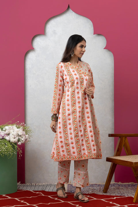 SAKA DESIGNS Peach Printed Cotton Angrakha Kurta Set with Trousers for Women