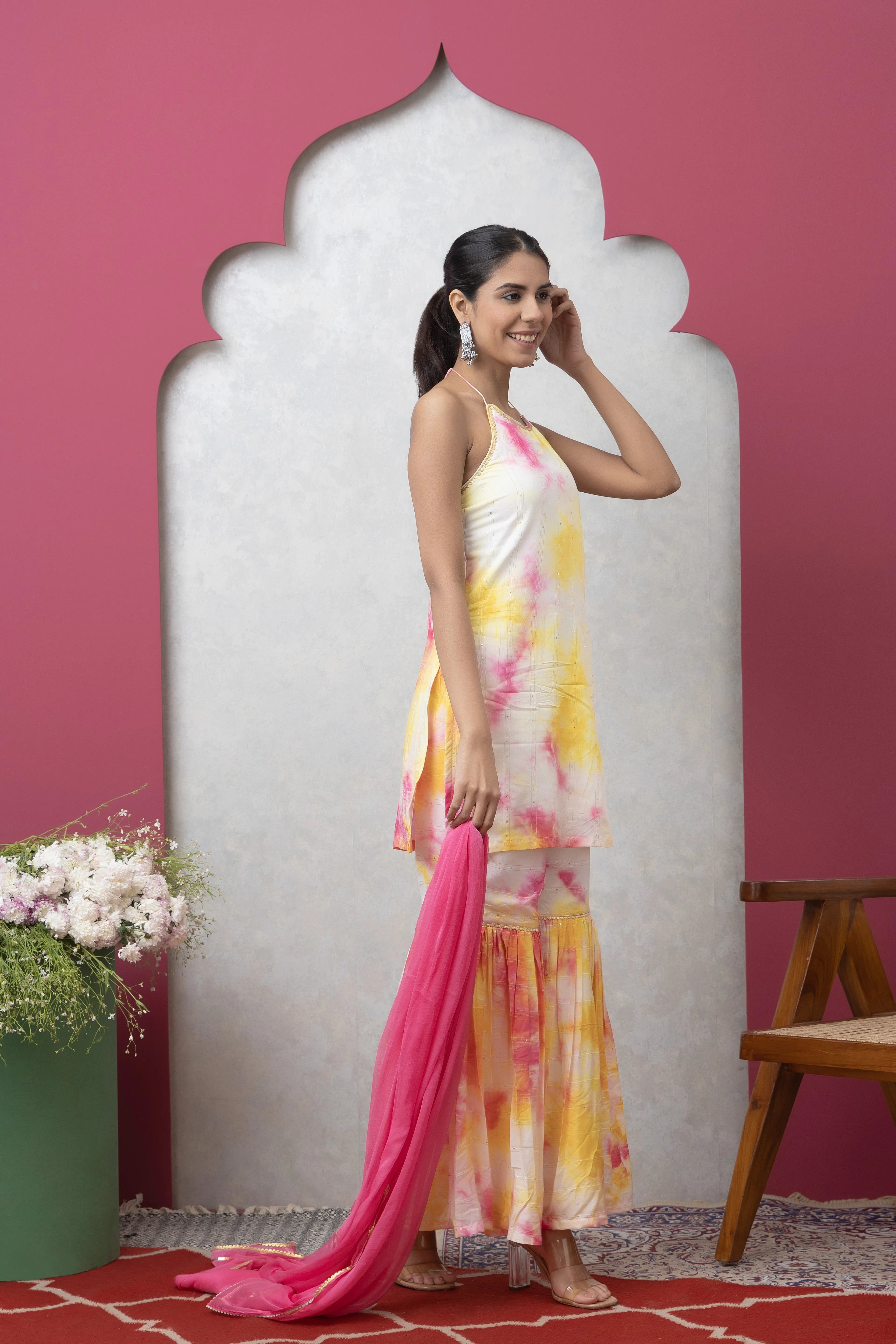 SAKA DESIGNS Pink & Yellow Tie-Dye Sleeveless Kurta and Sharara Set with Dupatta for Women