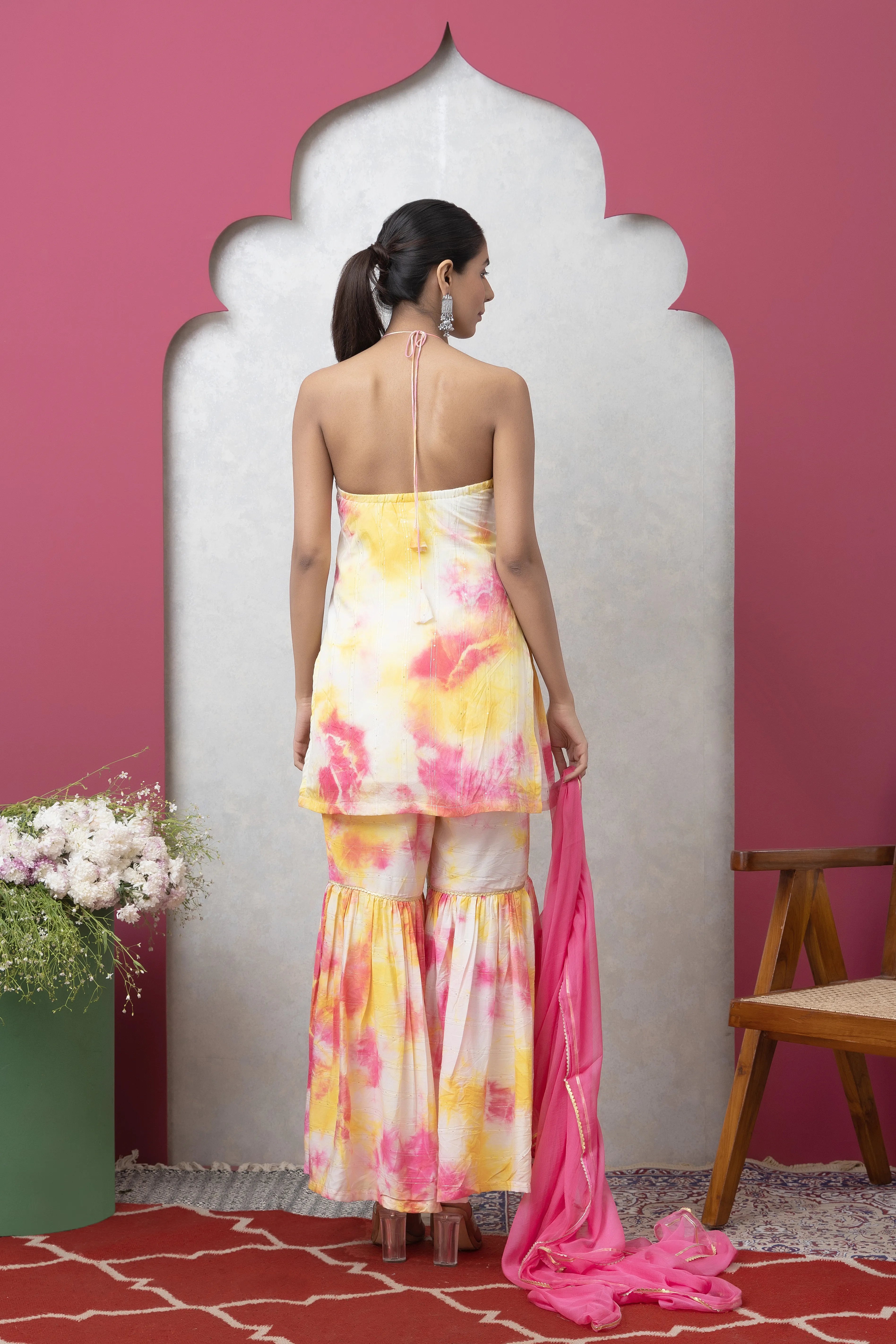 SAKA DESIGNS Pink & Yellow Tie-Dye Sleeveless Kurta and Sharara Set with Dupatta for Women