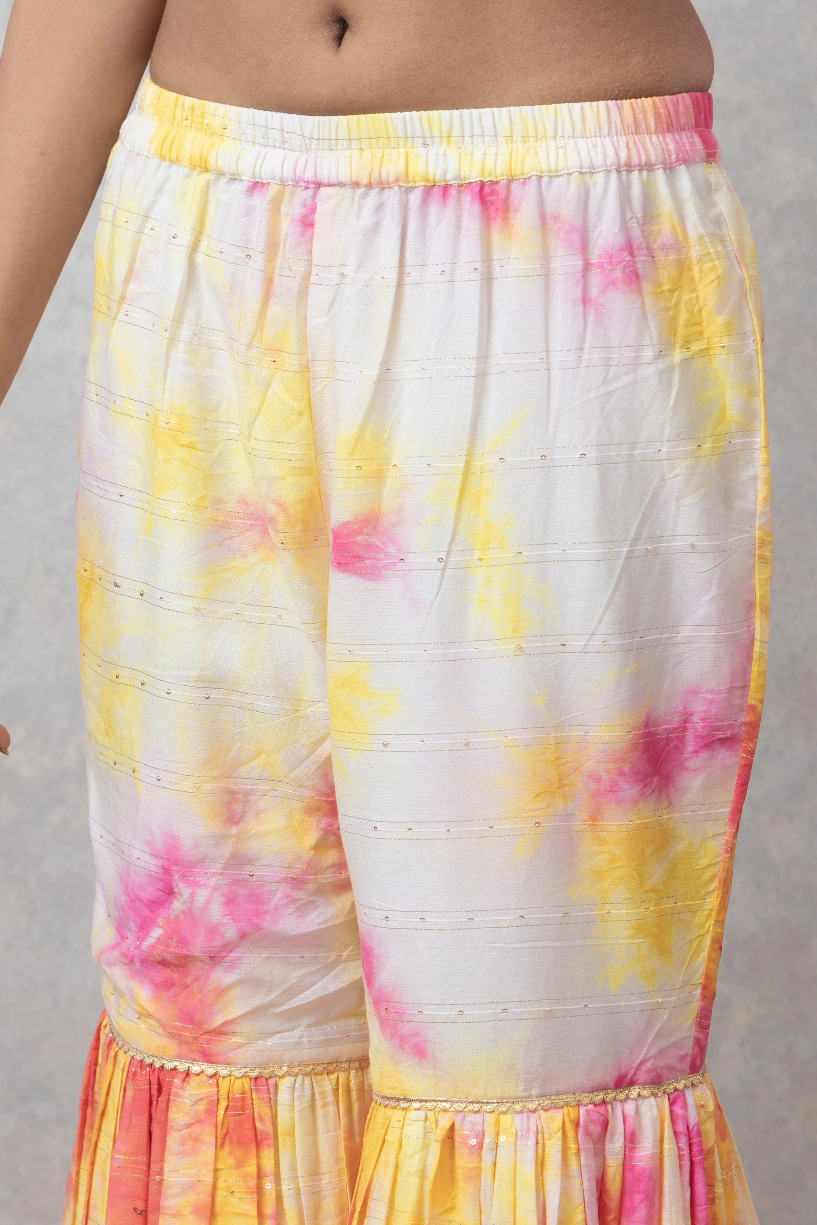 SAKA DESIGNS Pink & Yellow Tie-Dye Sleeveless Kurta and Sharara Set with Dupatta for Women