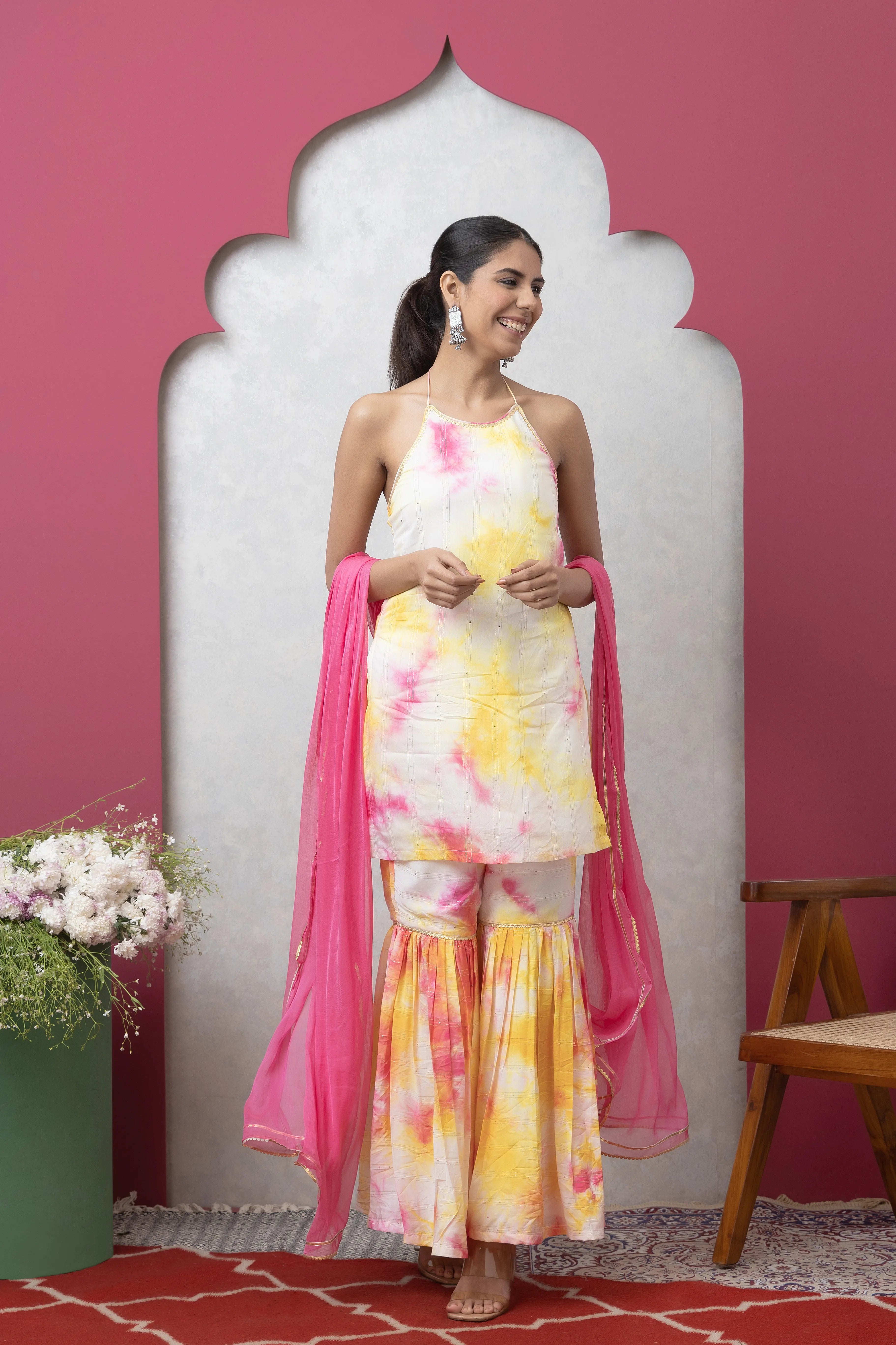 SAKA DESIGNS Pink & Yellow Tie-Dye Sleeveless Kurta and Sharara Set with Dupatta for Women