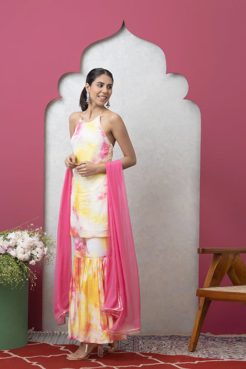 SAKA DESIGNS Pink & Yellow Tie-Dye Sleeveless Kurta and Sharara Set with Dupatta for Women