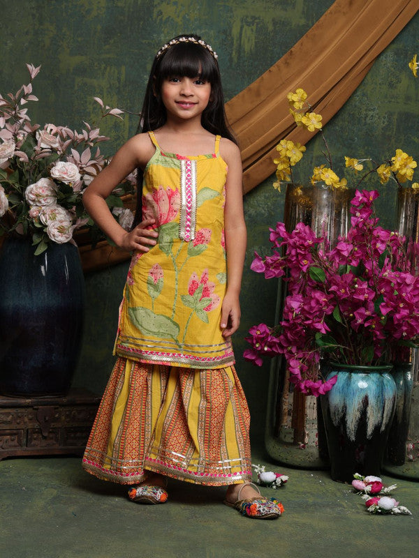Yellow printed kurta set for girls, Diwali and festive ethnic wear by Saka Designs