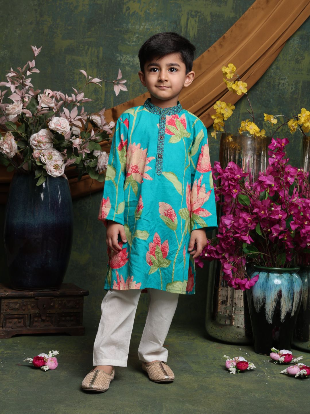 saka-designs-boyss-teal-floral-printed-cotton-kurta-pyjama-set-festive-ethnic-wear