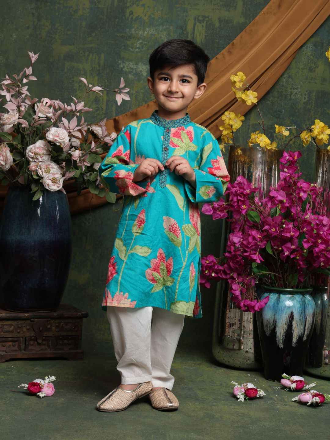 saka-designs-boyss-teal-floral-printed-cotton-kurta-pyjama-set-festive-ethnic-wear