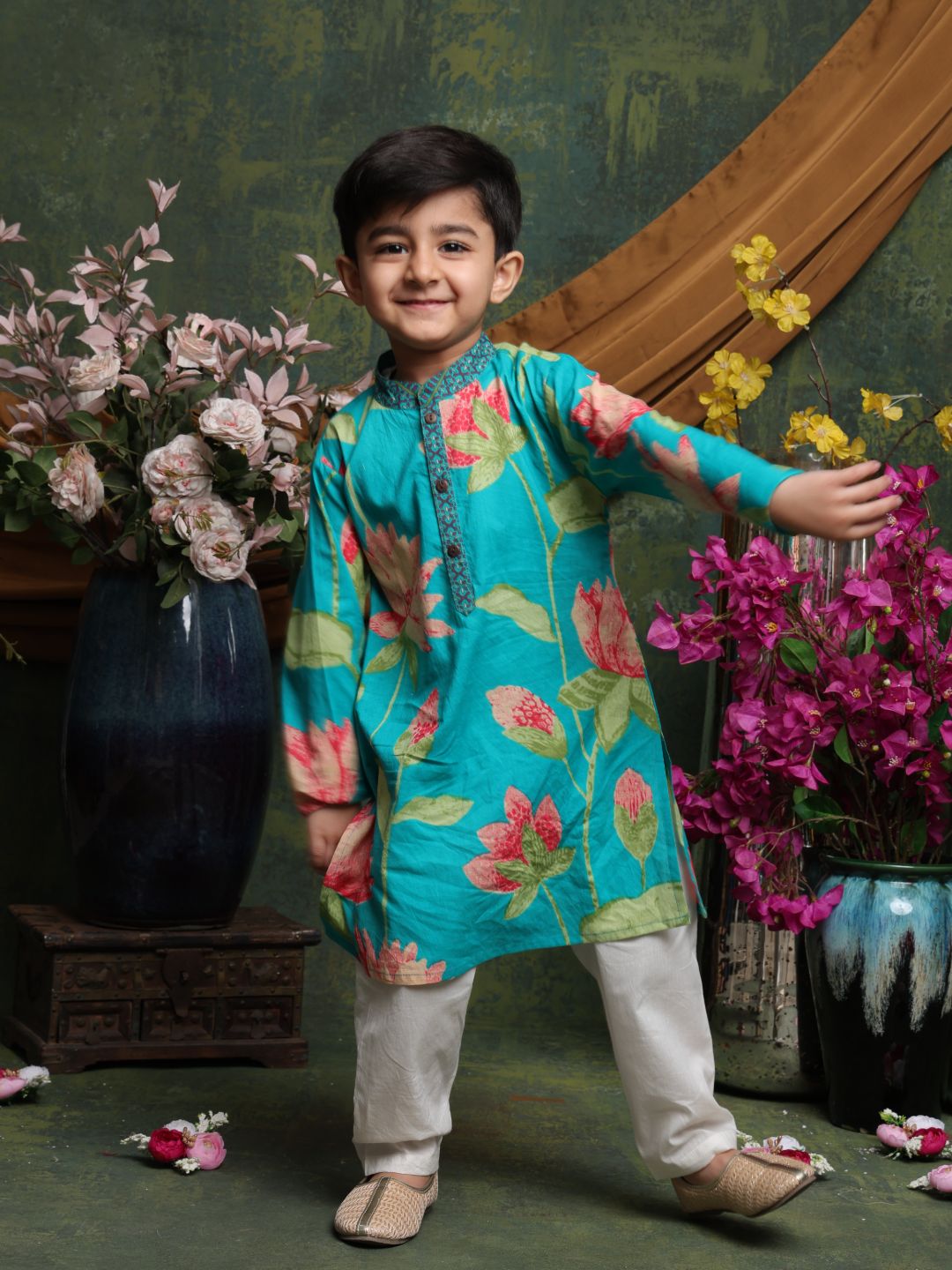 saka-designs-boyss-teal-floral-printed-cotton-kurta-pyjama-set-festive-ethnic-wear