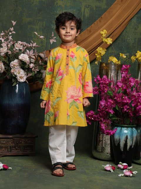 saka-designs-boyss-yellow-floral-printed-cotton-kurta-pyjama-set-for-boys-festive-ethnic-wear