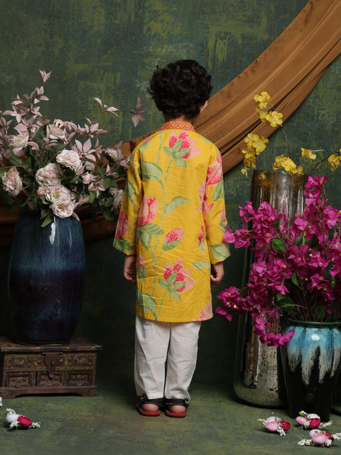 saka-designs-boyss-yellow-floral-printed-cotton-kurta-pyjama-set-for-boys-festive-ethnic-wear