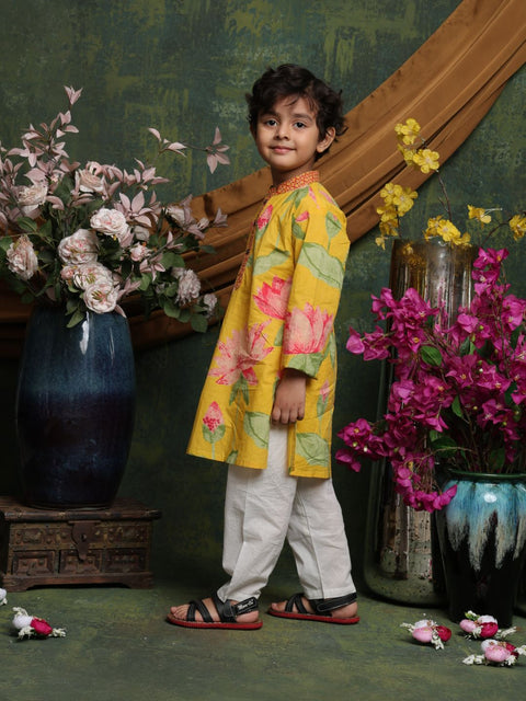 saka-designs-boyss-yellow-floral-printed-cotton-kurta-pyjama-set-for-boys-festive-ethnic-wear