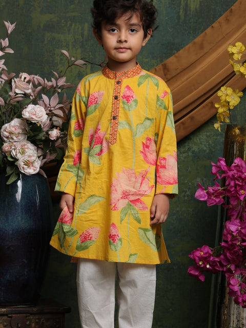 saka-designs-boyss-yellow-floral-printed-cotton-kurta-pyjama-set-for-boys-festive-ethnic-wear