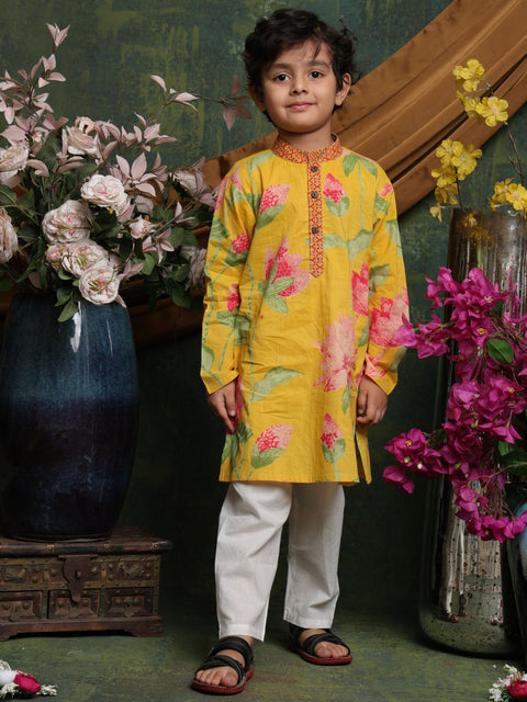 saka-designs-boyss-yellow-floral-printed-cotton-kurta-pyjama-set-for-boys-festive-ethnic-wear