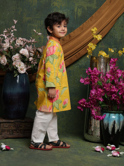 saka-designs-boyss-yellow-floral-printed-cotton-kurta-pyjama-set-for-boys-festive-ethnic-wear
