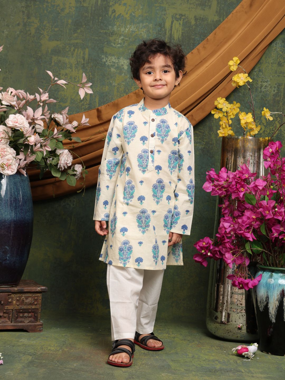 saka-designs-boys-cream-blue-floral-block-printed-cotton-kurta-pyjama-set-ethnic-festive-wear