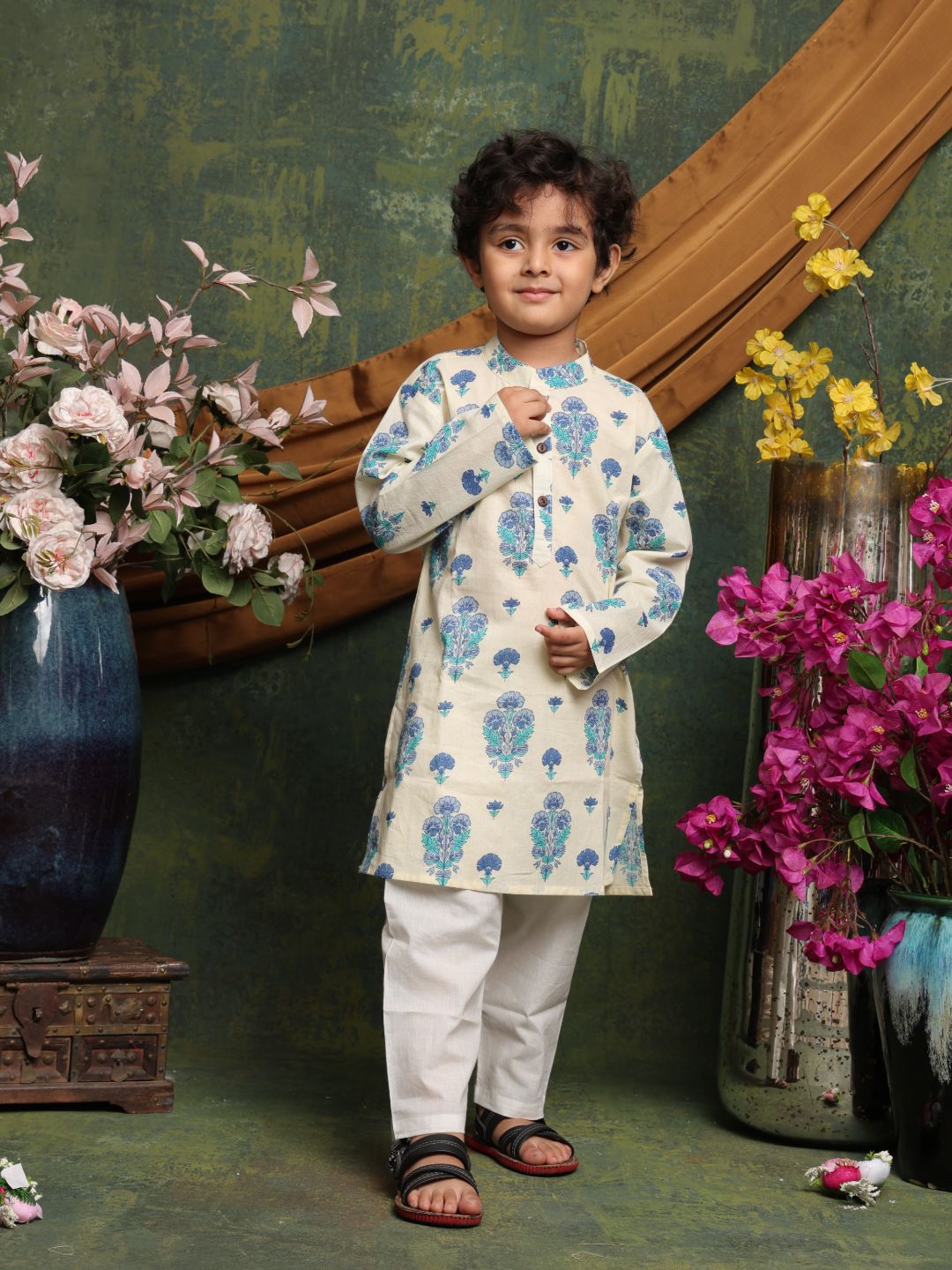 saka-designs-boys-cream-blue-floral-block-printed-cotton-kurta-pyjama-set-ethnic-festive-wear