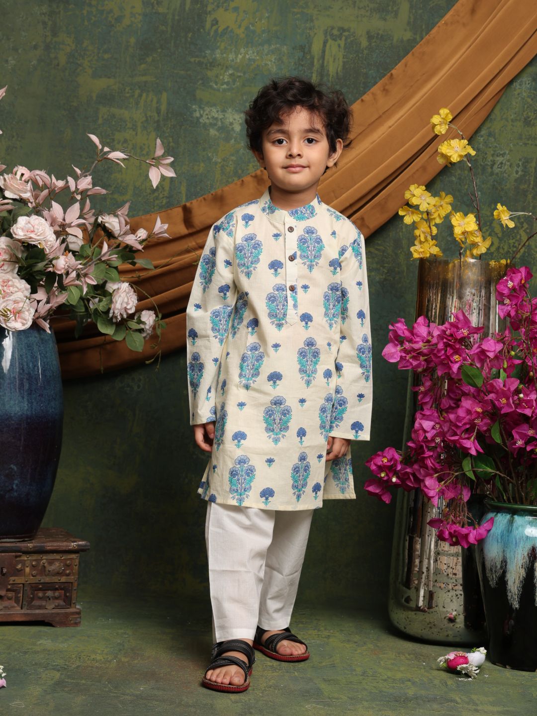 saka-designs-boys-cream-blue-floral-block-printed-cotton-kurta-pyjama-set-ethnic-festive-wear
