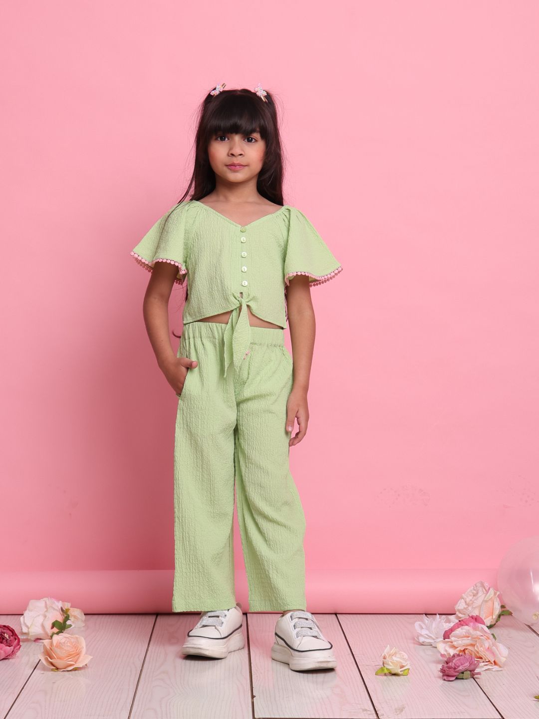 trendy-green-girls-co-ord-set-with-flared-sleeve-top-wide-leg-pants-summer-outfit-by-saka-designs