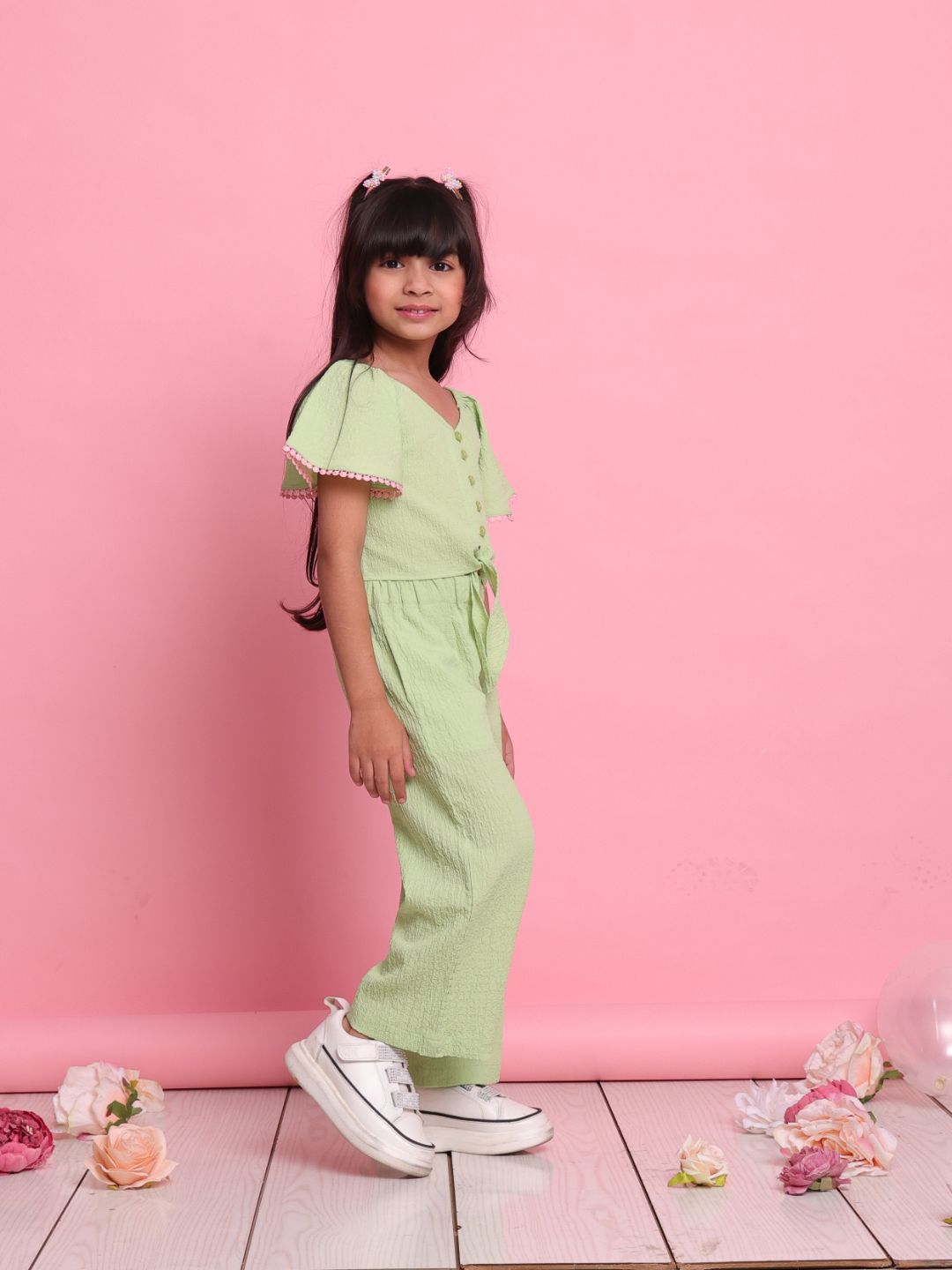 trendy-green-girls-co-ord-set-with-flared-sleeve-top-wide-leg-pants-summer-outfit-by-saka-designs