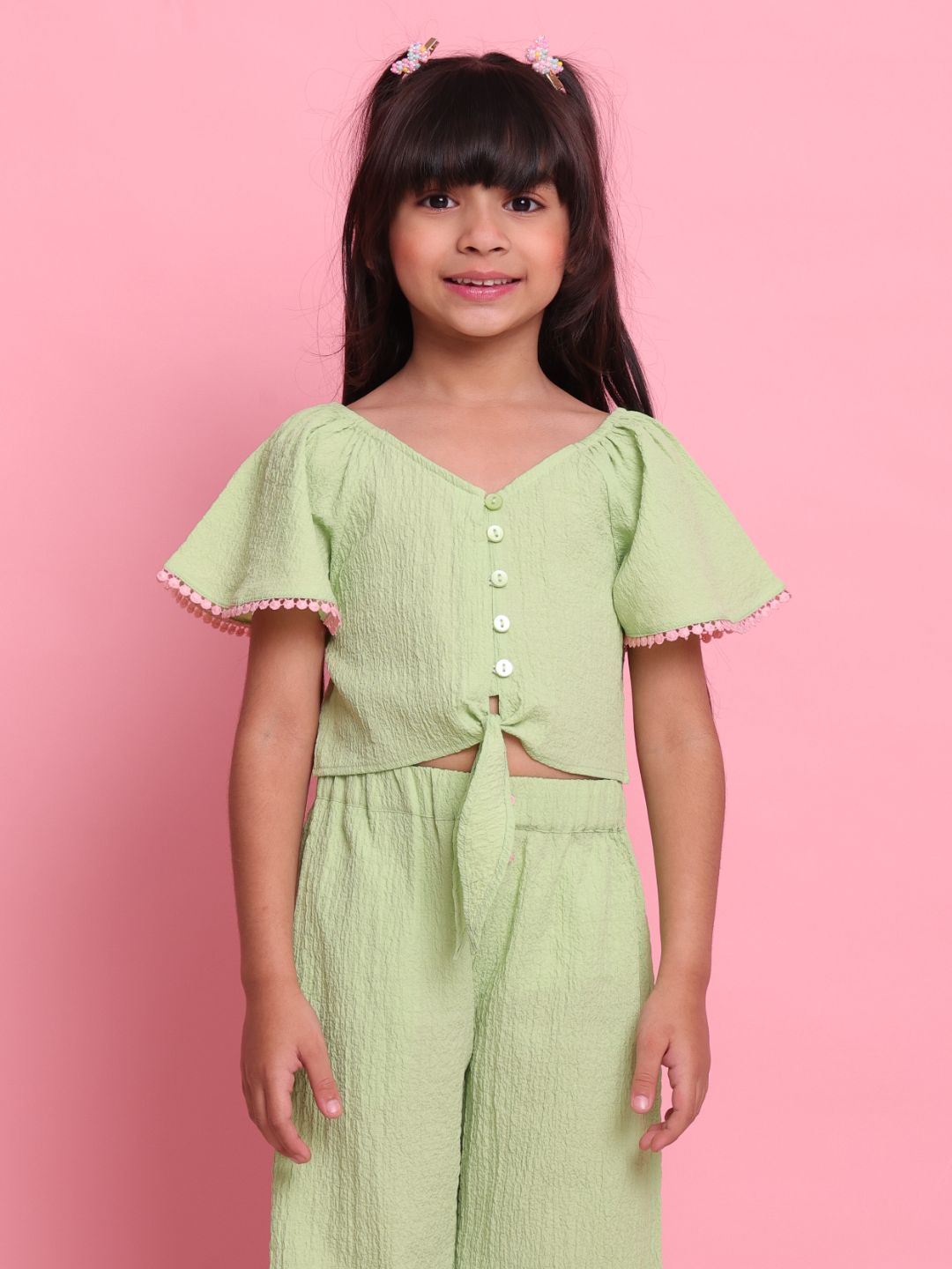 trendy-green-girls-co-ord-set-with-flared-sleeve-top-wide-leg-pants-summer-outfit-by-saka-designs