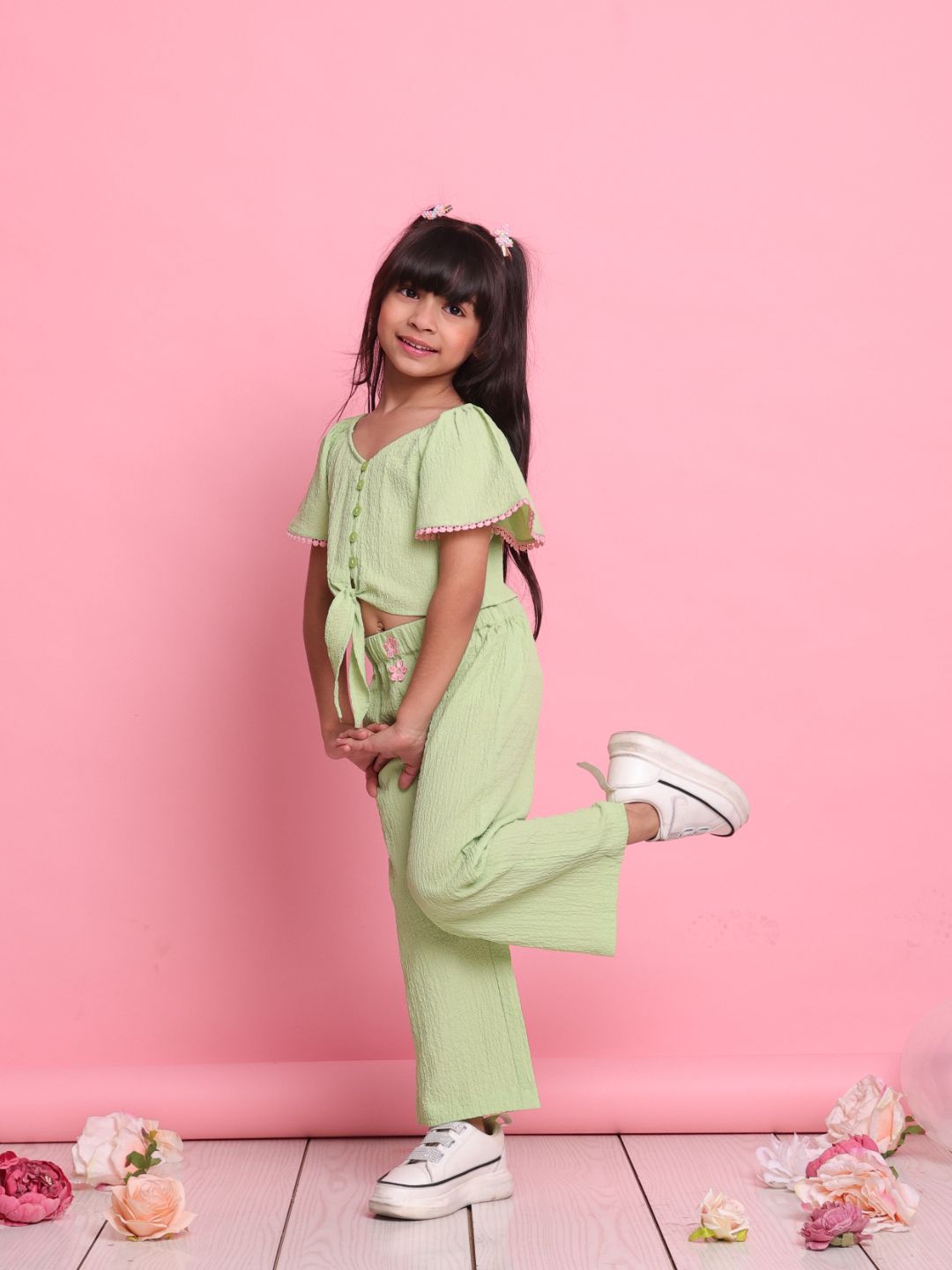 trendy-green-girls-co-ord-set-with-flared-sleeve-top-wide-leg-pants-summer-outfit-by-saka-designs