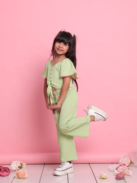 trendy-green-girls-co-ord-set-with-flared-sleeve-top-wide-leg-pants-summer-outfit-by-saka-designs
