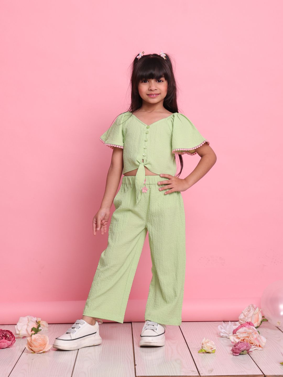 trendy-green-girls-co-ord-set-with-flared-sleeve-top-wide-leg-pants-summer-outfit-by-saka-designs