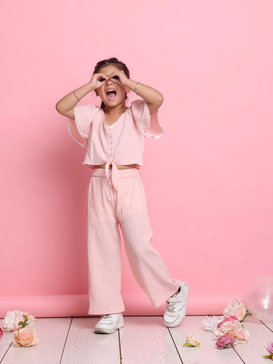 stylish-light-peach-girls-co-ord-set-with-flared-sleeve-top-wide-leg-pants-summer-look-by-saka-designs