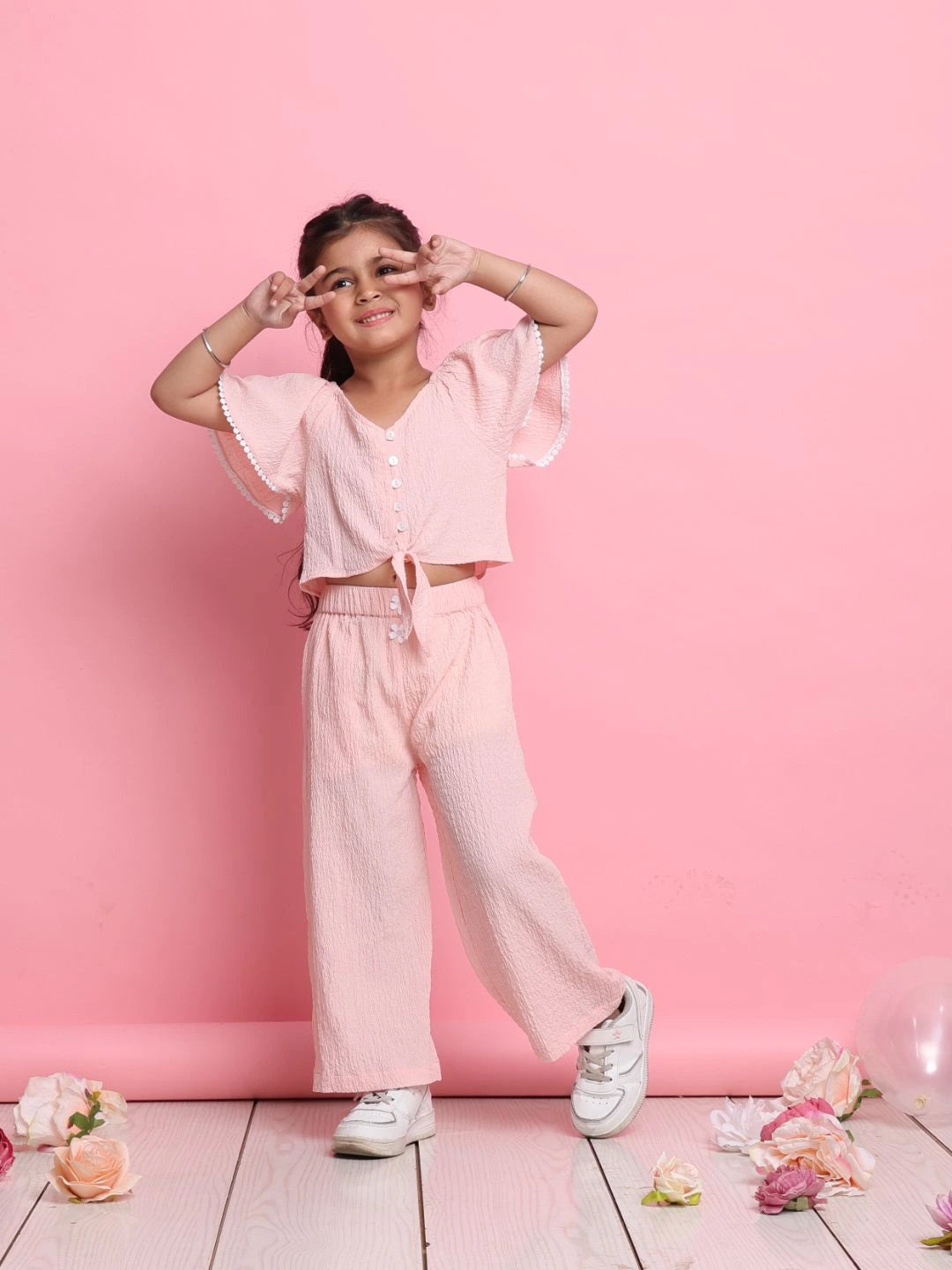 stylish-light-peach-girls-co-ord-set-with-flared-sleeve-top-wide-leg-pants-summer-look-by-saka-designs