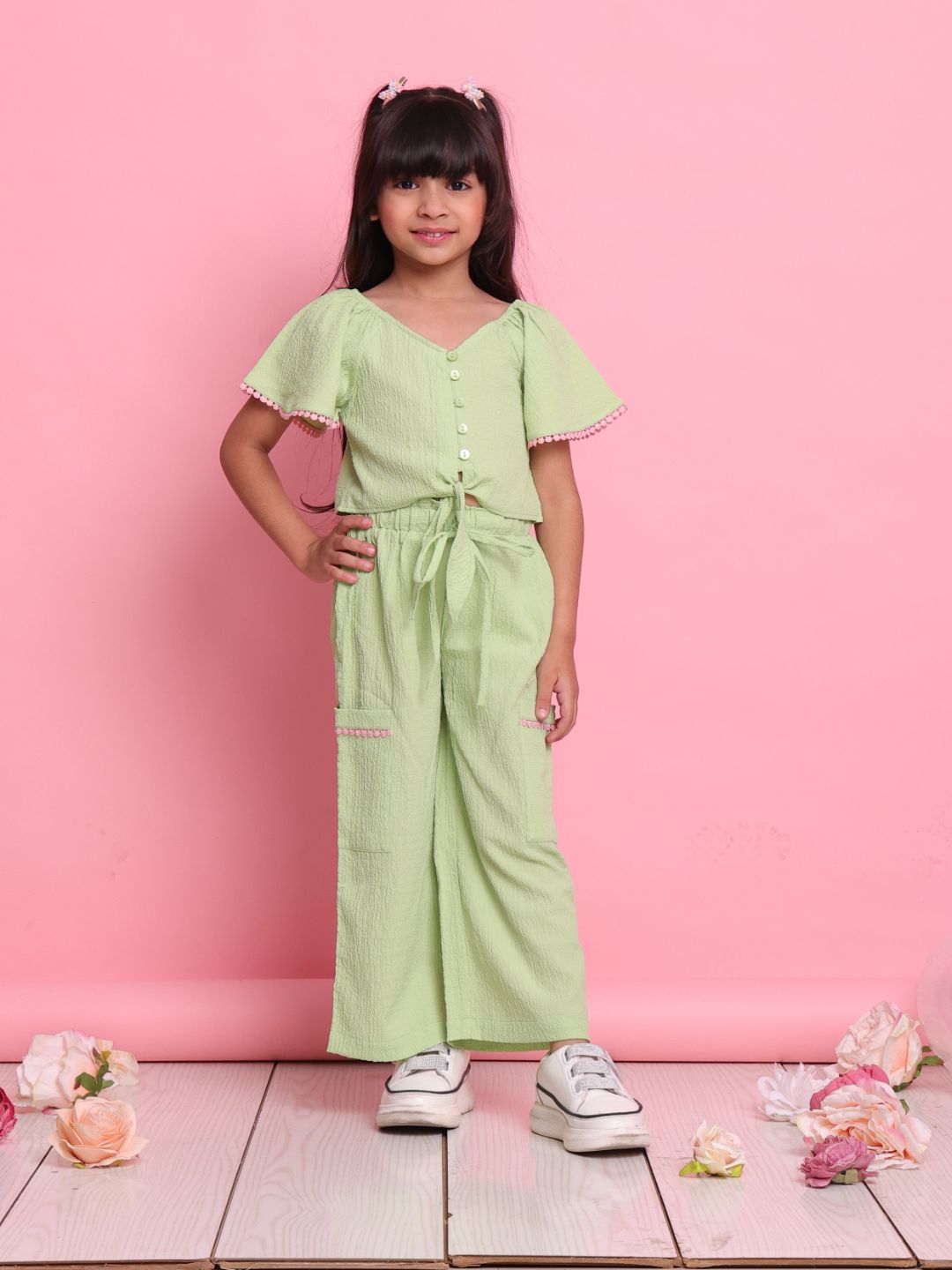 stylish-green-girls-co-ord-set-with-knot-top-relaxed-pants-summer-wear-by-saka-designs