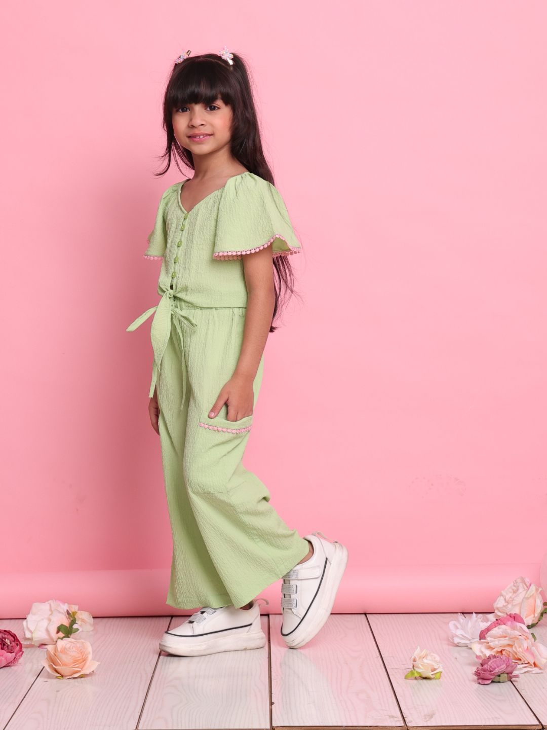 stylish-green-girls-co-ord-set-with-knot-top-relaxed-pants-summer-wear-by-saka-designs