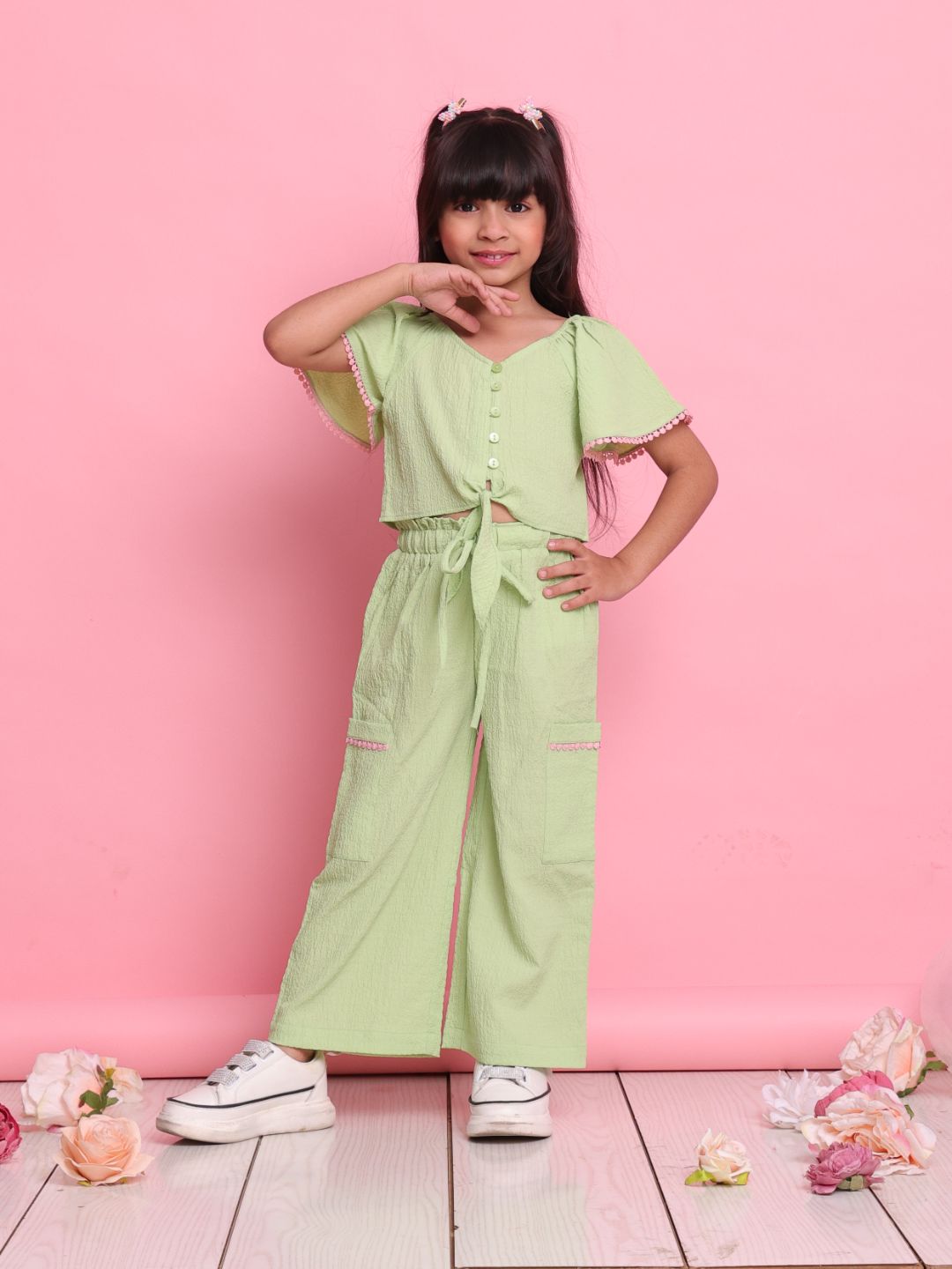 stylish-green-girls-co-ord-set-with-knot-top-relaxed-pants-summer-wear-by-saka-designs