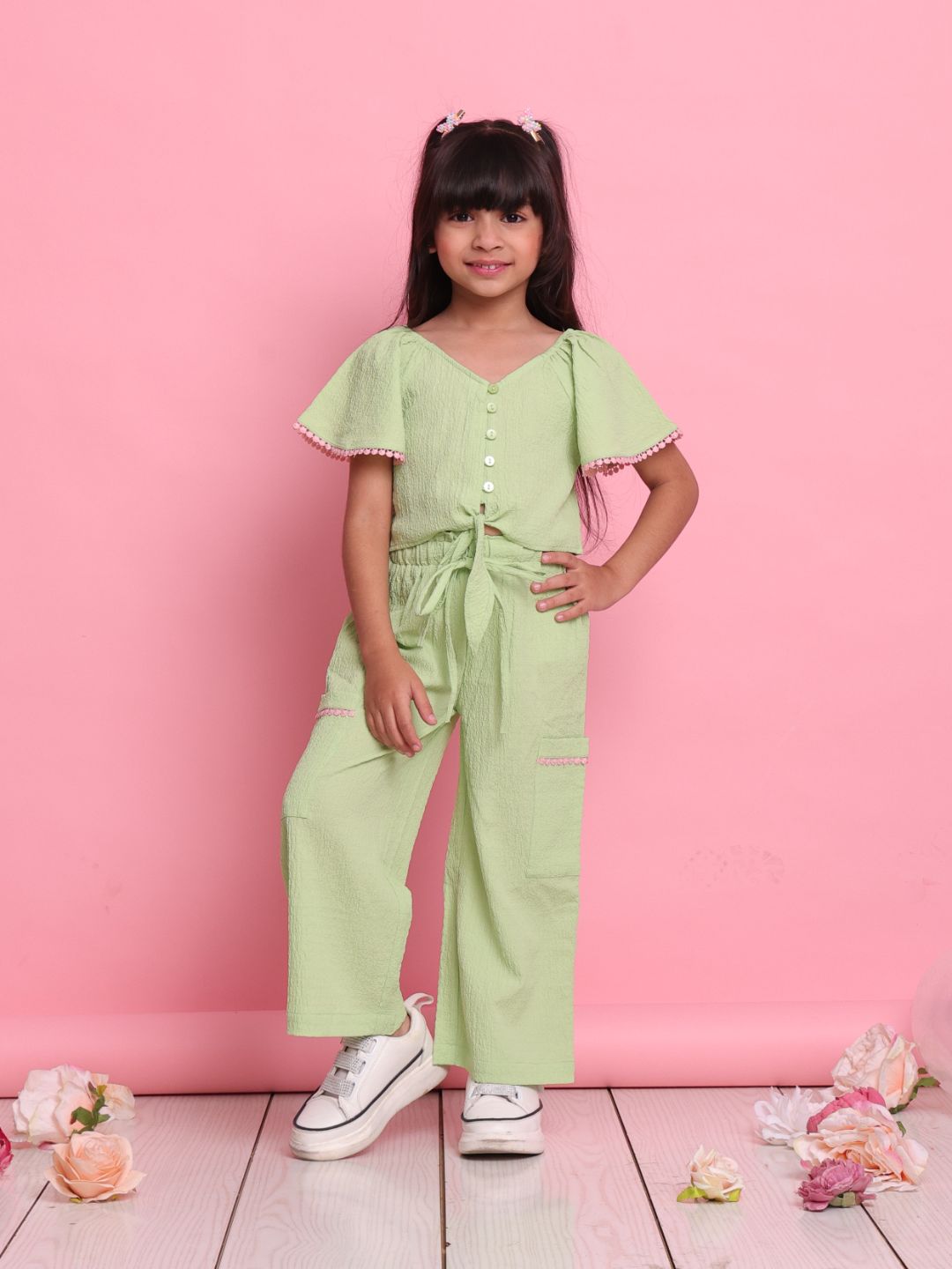 stylish-green-girls-co-ord-set-with-knot-top-relaxed-pants-summer-wear-by-saka-designs
