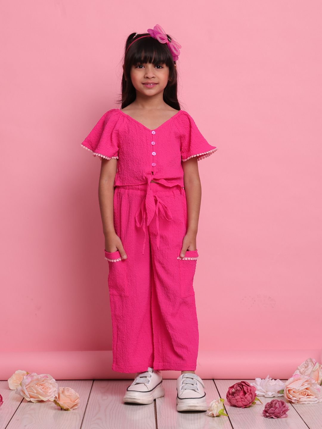 girls-magenta-co-ord-set-with-front-knot-top-relaxed-pants-summer-casual-wear