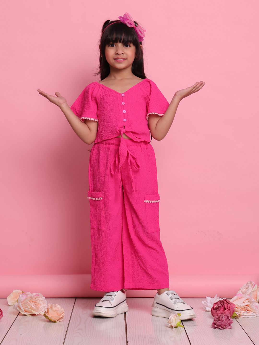 girls-magenta-co-ord-set-with-front-knot-top-relaxed-pants-summer-casual-wear