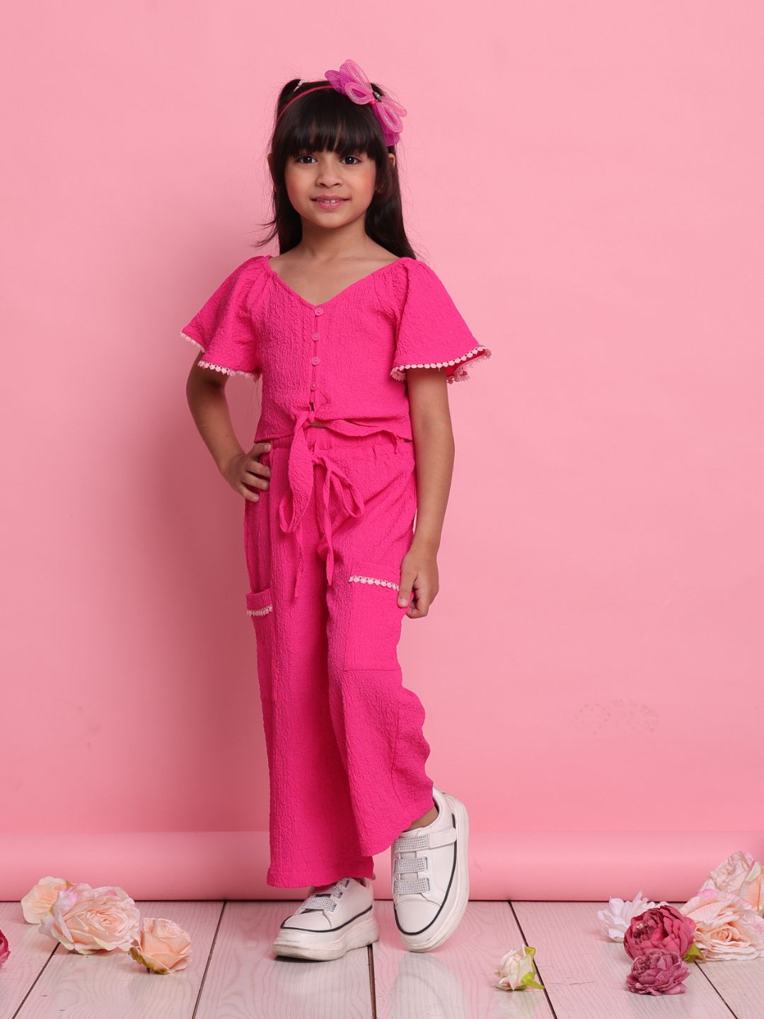 girls-magenta-co-ord-set-with-front-knot-top-relaxed-pants-summer-casual-wear