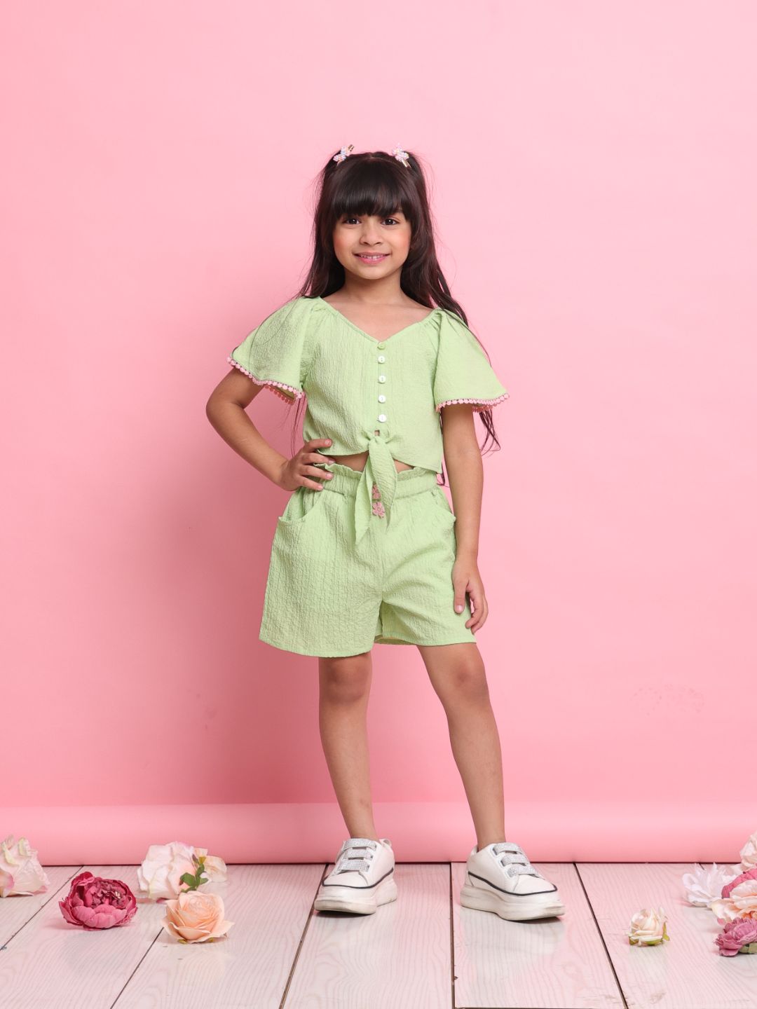 trendy-green-girls-co-ord-set-with-front-knot-top-matching-shorts-summer-style-by-saka-designs