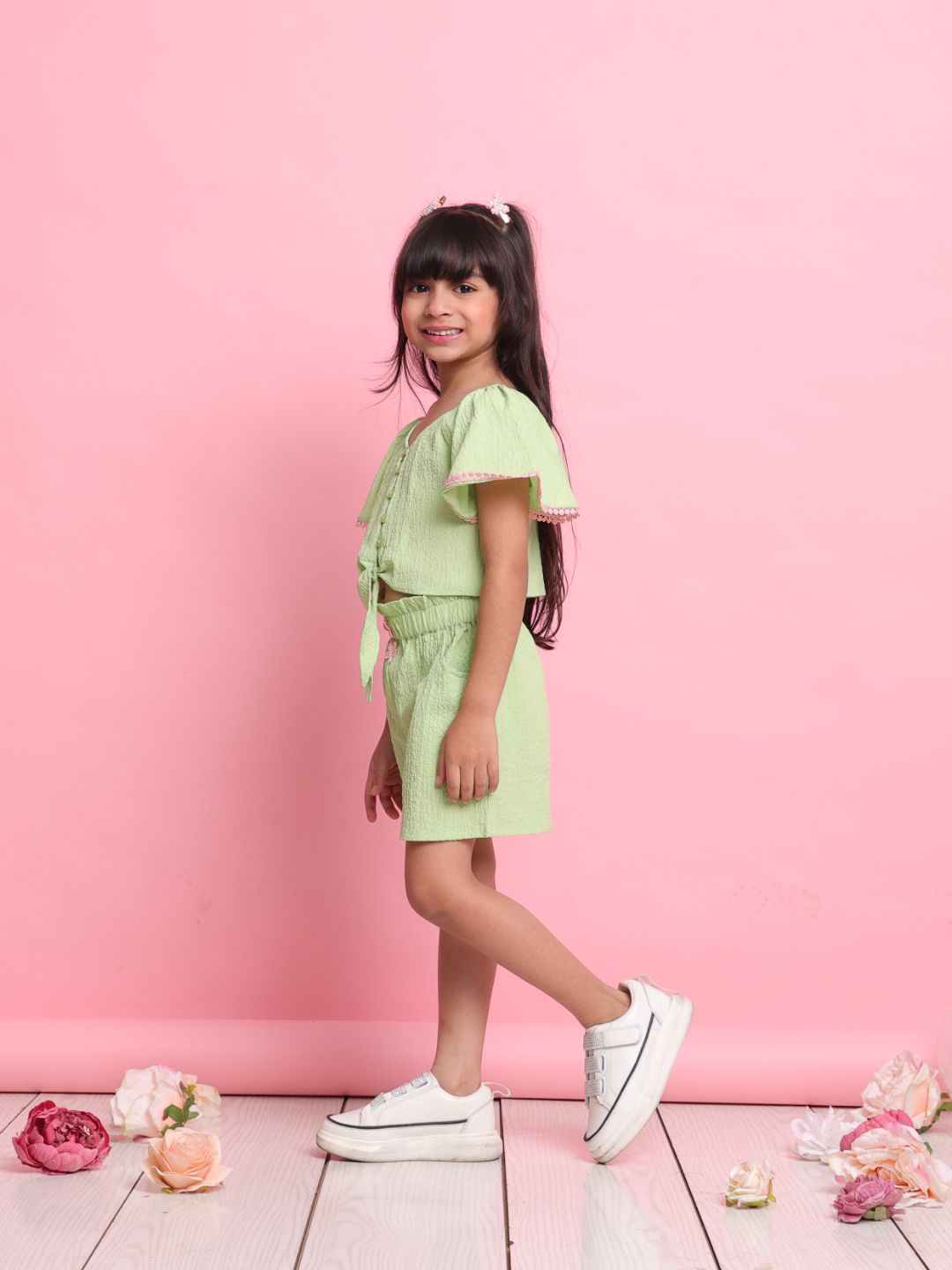 trendy-green-girls-co-ord-set-with-front-knot-top-matching-shorts-summer-style-by-saka-designs