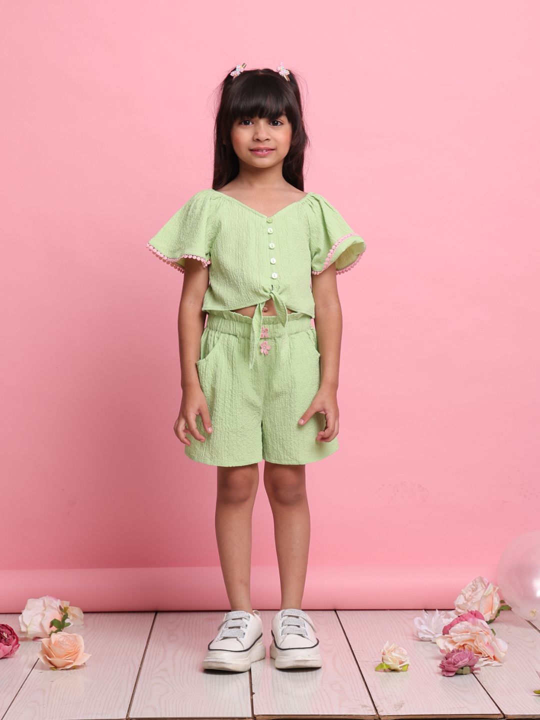 trendy-green-girls-co-ord-set-with-front-knot-top-matching-shorts-summer-style-by-saka-designs