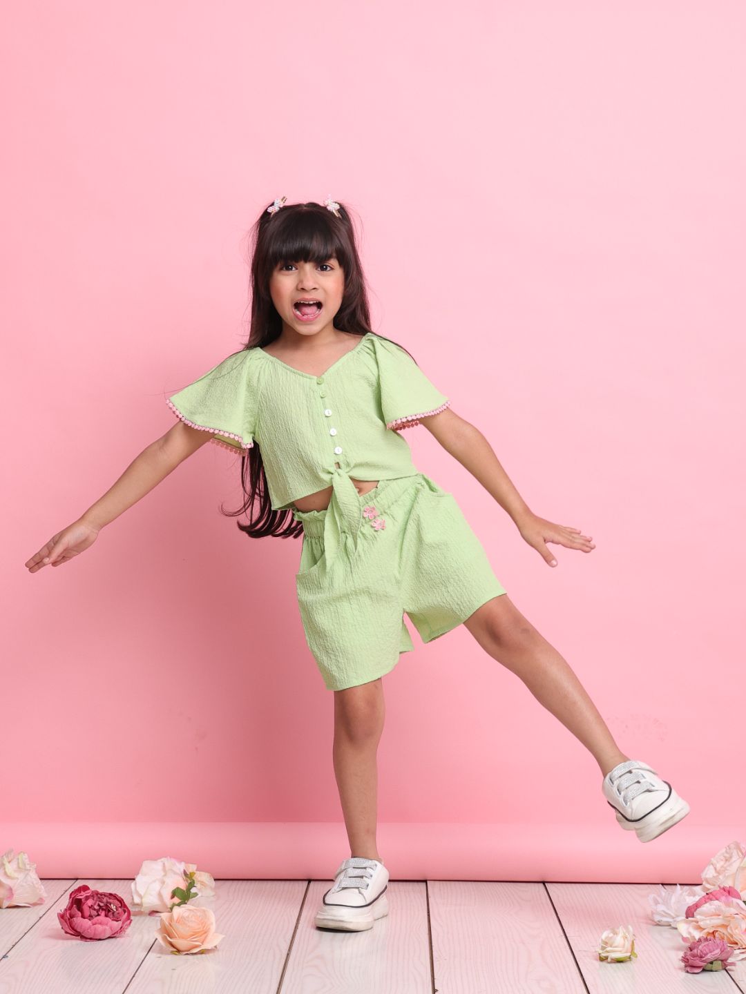 trendy-green-girls-co-ord-set-with-front-knot-top-matching-shorts-summer-style-by-saka-designs