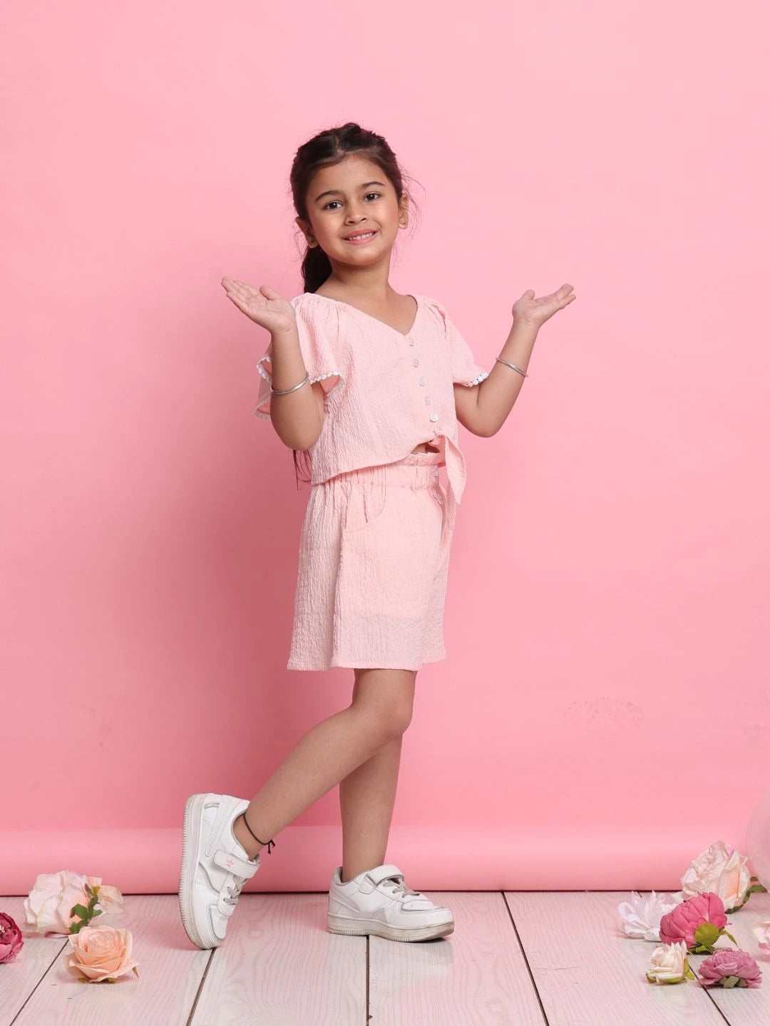 trendy-light-peach-girls-co-ord-set-with-front-knot-top-matching-shorts-summer-essentials-by-saka-designs