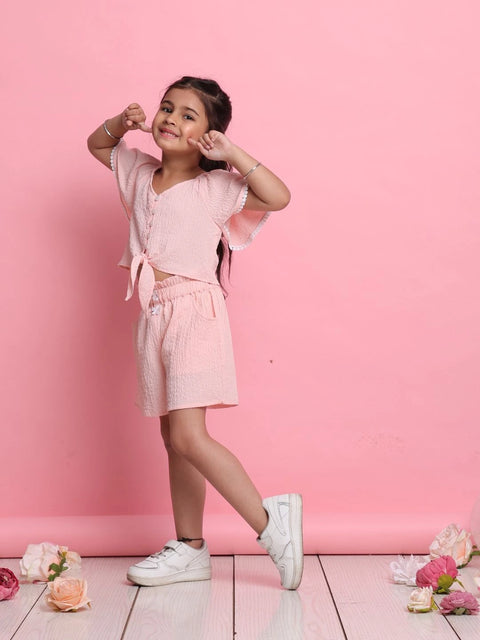 trendy-light-peach-girls-co-ord-set-with-front-knot-top-matching-shorts-summer-essentials-by-saka-designs