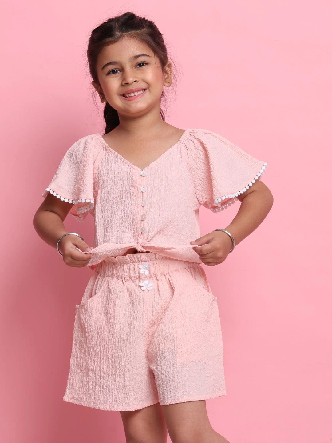 trendy-light-peach-girls-co-ord-set-with-front-knot-top-matching-shorts-summer-essentials-by-saka-designs