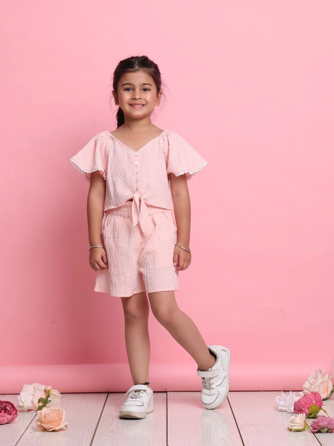 trendy-light-peach-girls-co-ord-set-with-front-knot-top-matching-shorts-summer-essentials-by-saka-designs