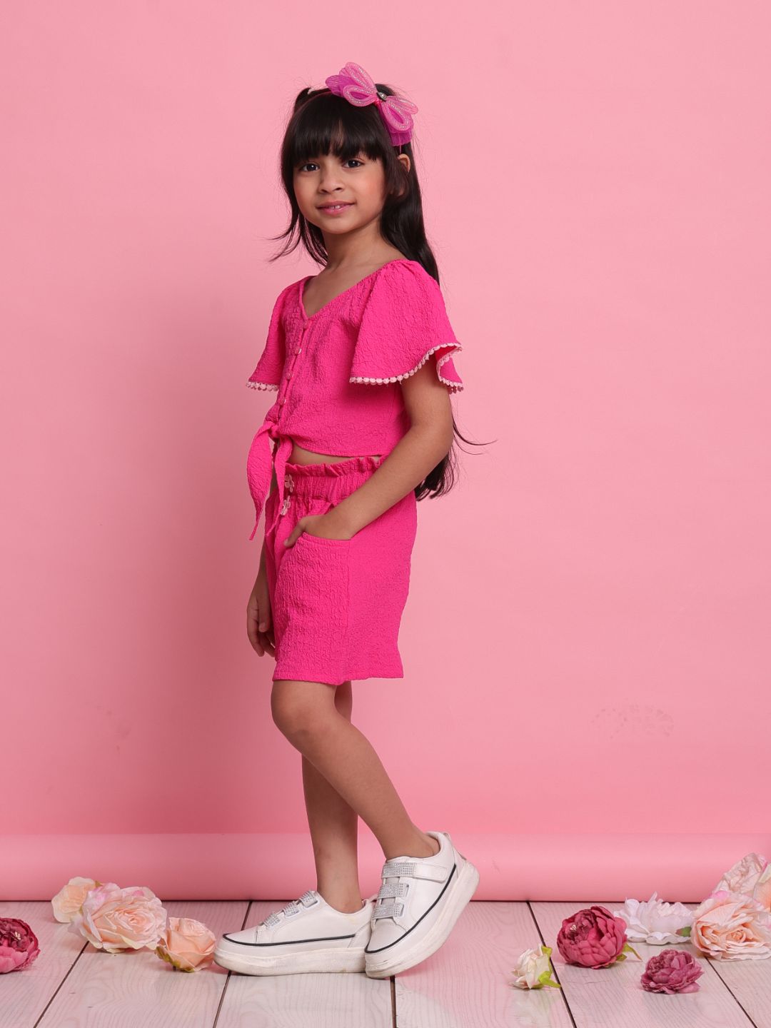 girls-magenta-co-ord-set-with-front-knot-top-shorts-summer-casual-outfit